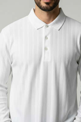 Polo Yaka Uzun Kollu Erkek T-shirt Ekru - Erkek Uzun Kollu Tişört