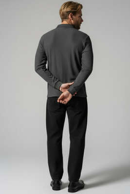 Polo Yaka Uzun Kollu Erkek T-shirt Füme - Erkek T-shirt