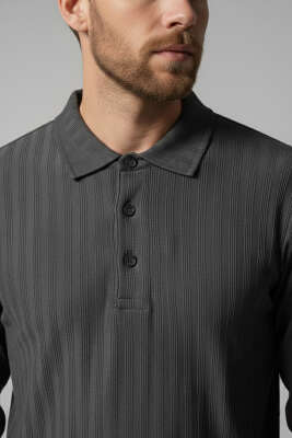 Polo Yaka Uzun Kollu Erkek T-shirt Füme - Erkek T-shirt