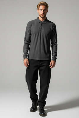 Polo Yaka Uzun Kollu Erkek T-shirt Füme - Erkek T-shirt