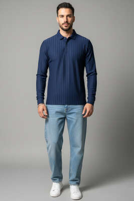 Polo Yaka Uzun Kollu Erkek T-shirt Lacivert - Erkek T-shirt