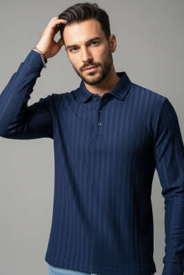 Polo Yaka Uzun Kollu Erkek T-shirt Lacivert - HİT TİME