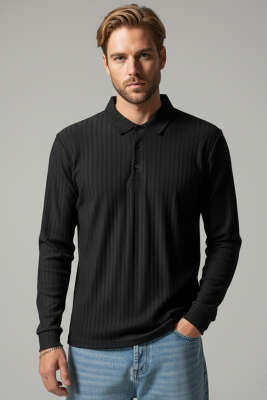 Polo Yaka Uzun Kollu Erkek T-shirt Siyah - HİT TİME