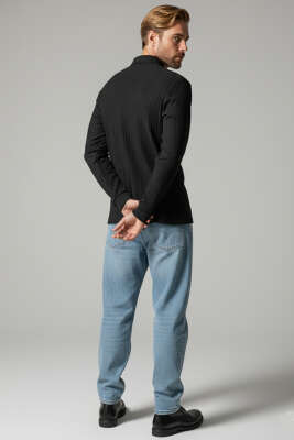 Polo Yaka Uzun Kollu Erkek T-shirt Siyah - Erkek T-shirt