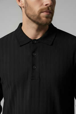 Polo Yaka Uzun Kollu Erkek T-shirt Siyah - Erkek T-shirt