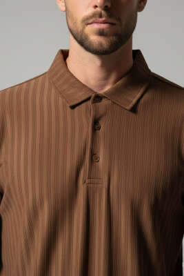 Polo Yaka Uzun Kollu Erkek T-shirt Taba - Erkek T-shirt