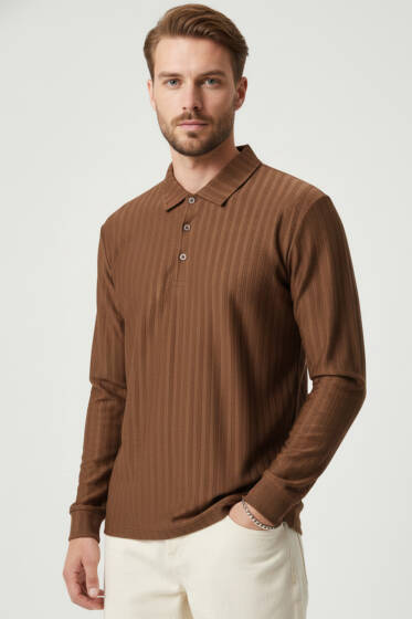 Polo Yaka Uzun Kollu Erkek T-shirt Taba - Erkek Uzun Kollu Tişört