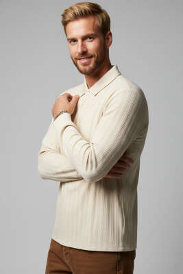 Polo Yaka Uzun Kollu Erkek T-shirt Taş 