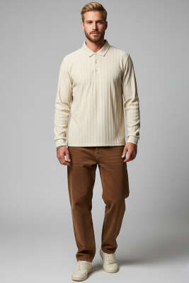 Polo Yaka Uzun Kollu Erkek T-shirt Taş - Erkek T-shirt