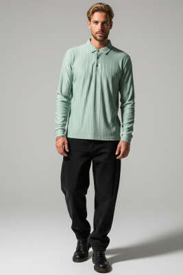 Polo Yaka Uzun Kollu Erkek T-shirt Yeşil - Erkek T-shirt