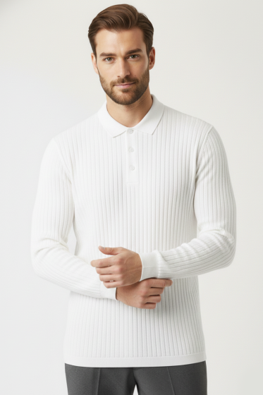 Polo Yaka Uzun Kollu Erkek Tişört Ekru - Erkek T-shirt