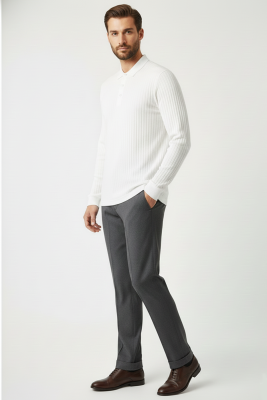 Polo Yaka Uzun Kollu Erkek Tişört Ekru - Erkek T-shirt