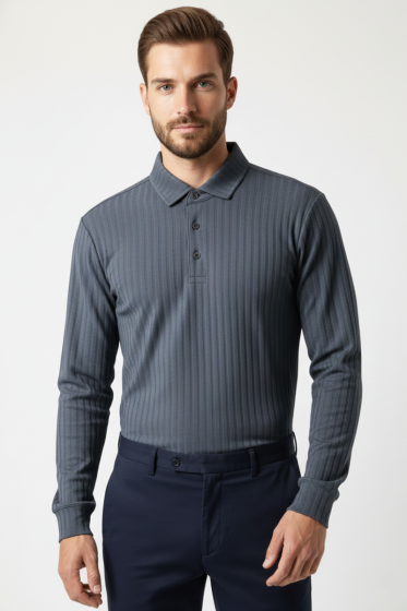 Polo Yaka Uzun Kollu Erkek Tişört Füme - Erkek T-shirt