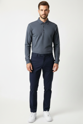 Polo Yaka Uzun Kollu Erkek Tişört Füme - Erkek T-shirt