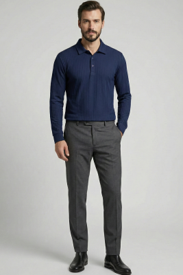 Polo Yaka Uzun Kollu Erkek Tişört Lacivert - Erkek T-shirt