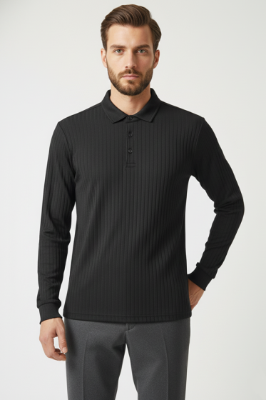 Polo Yaka Uzun Kollu Erkek Tişört Siyah - Erkek T-shirt