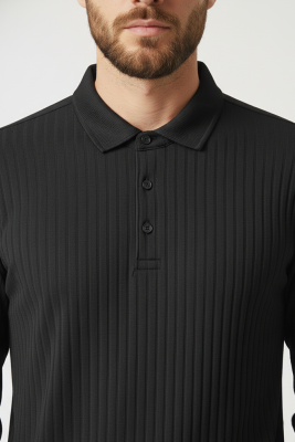 Polo Yaka Uzun Kollu Erkek Tişört Siyah - Erkek T-shirt