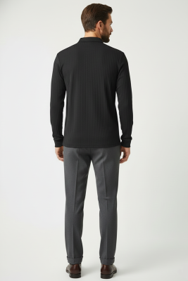 Polo Yaka Uzun Kollu Erkek Tişört Siyah - Erkek T-shirt