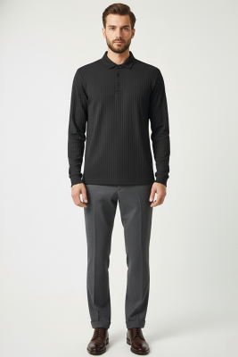 Polo Yaka Uzun Kollu Erkek Tişört Siyah - Erkek T-shirt