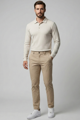 Polo Yaka Uzun Kollu Erkek Tişört Taş - Erkek T-shirt