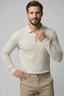 Polo Yaka Uzun Kollu Erkek Tişört Taş 