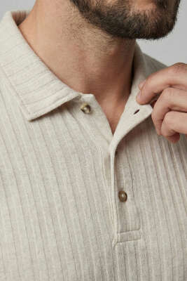 Polo Yaka Uzun Kollu Erkek Tişört Taş - Erkek T-shirt