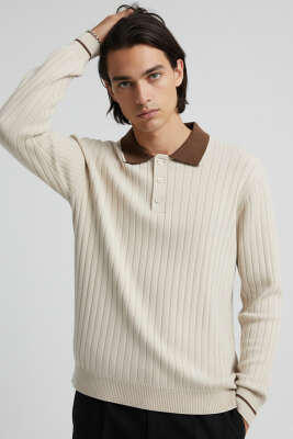 Polo Yaka Uzun Kollu Erkek Triko Sweatshirt Bej - WİPEOUT