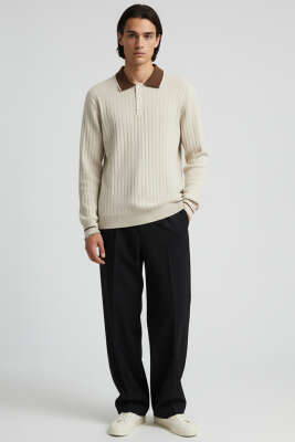 Polo Yaka Uzun Kollu Erkek Triko Sweatshirt Bej - Erkek Sweatshirt