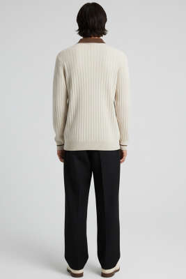 Polo Yaka Uzun Kollu Erkek Triko Sweatshirt Bej - Erkek Sweatshirt