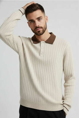 Polo Yaka Uzun Kollu Erkek Triko Sweatshirt Bej 