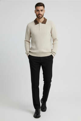 Polo Yaka Uzun Kollu Erkek Triko Sweatshirt Bej - Erkek Sweatshirt