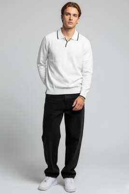 Polo Yaka Uzun Kollu Erkek Triko Sweatshirt Beyaz - Erkek Sweatshirt