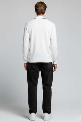 Polo Yaka Uzun Kollu Erkek Triko Sweatshirt Beyaz - Erkek Sweatshirt