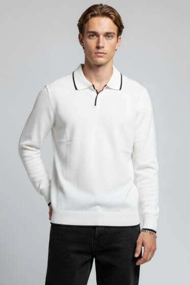 Polo Yaka Uzun Kollu Erkek Triko Sweatshirt Beyaz - Erkek Uzun Kollu Tişört