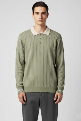 Polo Yaka Uzun Kollu Erkek Triko Sweatshirt Haki - WİPEOUT