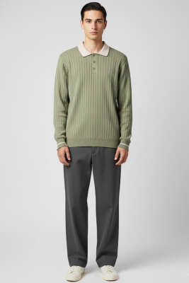 Polo Yaka Uzun Kollu Erkek Triko Sweatshirt Haki - Erkek Sweatshirt