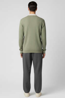 Polo Yaka Uzun Kollu Erkek Triko Sweatshirt Haki - Erkek Sweatshirt