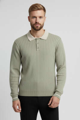 Polo Yaka Uzun Kollu Erkek Triko Sweatshirt Haki 