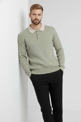 Polo Yaka Uzun Kollu Erkek Triko Sweatshirt Haki - Erkek Sweatshirt