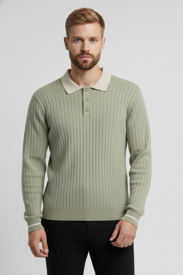Polo Yaka Uzun Kollu Erkek Triko Sweatshirt Haki - Erkek Uzun Kollu Tişört