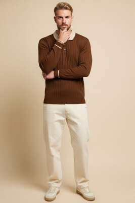 Polo Yaka Uzun Kollu Erkek Triko Sweatshirt Kahve - Erkek Sweatshirt