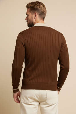 Polo Yaka Uzun Kollu Erkek Triko Sweatshirt Kahve - Erkek Sweatshirt