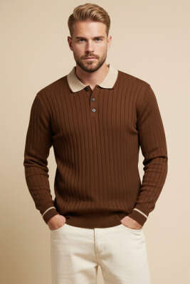 Polo Yaka Uzun Kollu Erkek Triko Sweatshirt Kahve 