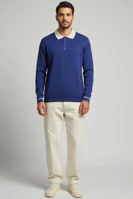 Polo Yaka Uzun Kollu Erkek Triko Sweatshirt Lacivert - Erkek Sweatshirt