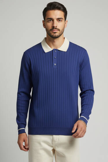 Polo Yaka Uzun Kollu Erkek Triko Sweatshirt Lacivert - Erkek Uzun Kollu Tişört
