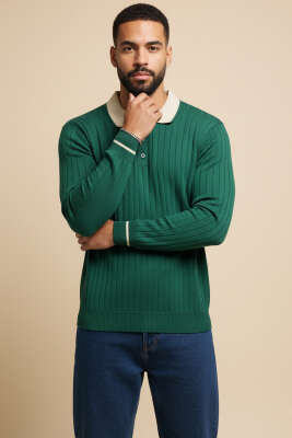 Polo Yaka Uzun Kollu Erkek Triko Sweatshirt Nefti 