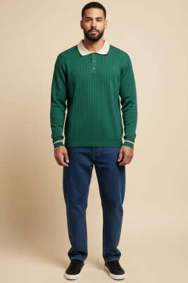 Polo Yaka Uzun Kollu Erkek Triko Sweatshirt Nefti - Erkek Sweatshirt