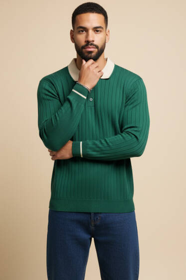 Polo Yaka Uzun Kollu Erkek Triko Sweatshirt Nefti - Erkek Uzun Kollu Tişört