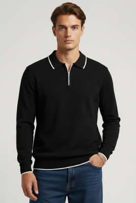 Polo Yaka Uzun Kollu Erkek Triko Sweatshirt Siyah - WİPEOUT