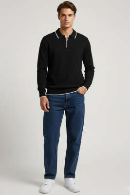 Polo Yaka Uzun Kollu Erkek Triko Sweatshirt Siyah - Erkek Sweatshirt